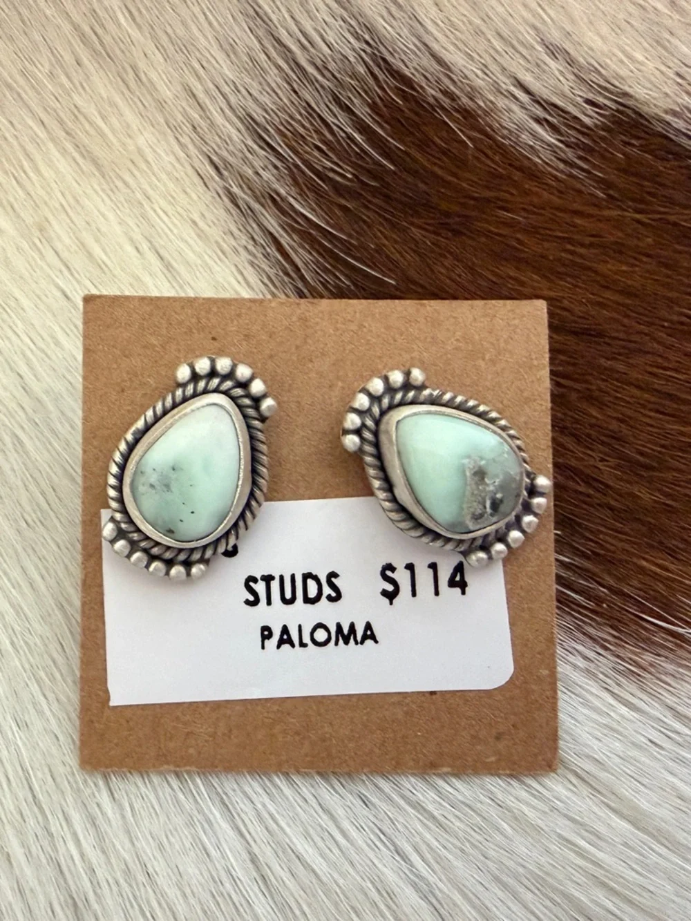❤️ Paloma Variscite Navajo Style Brushed Sterling Stud Earrings Closed Back